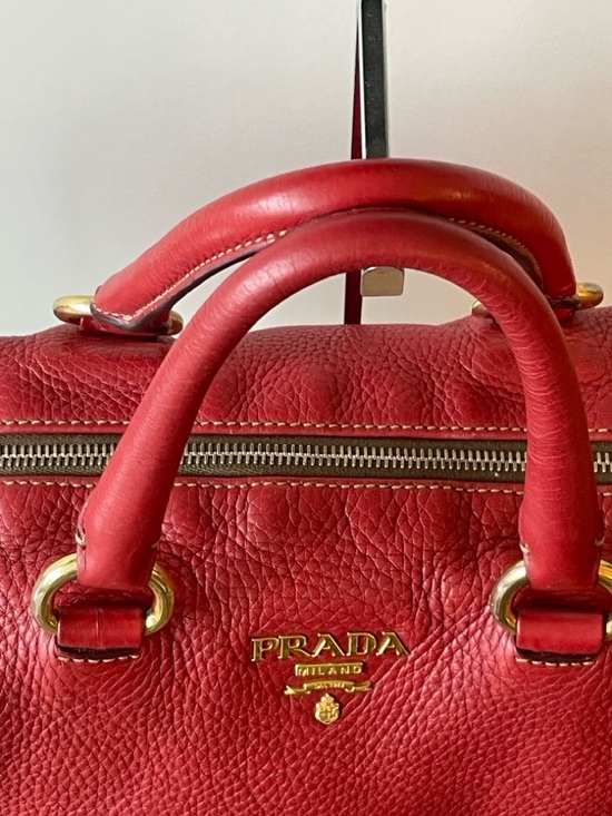 Prada Red Pebbled Leather Shoulder Bag with Gold Hardware - Picture 6 of 16
